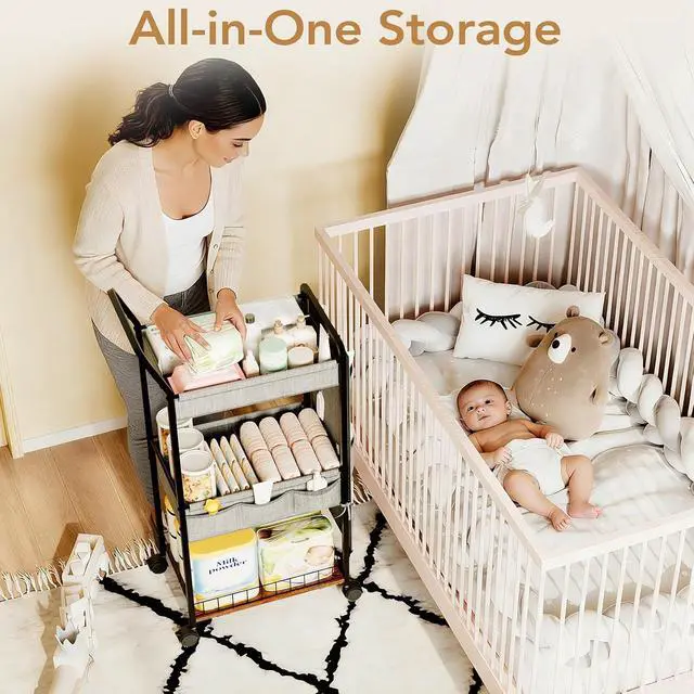 Alt view image 3 of 7 - Diaper Caddy Organizer, Baby Cart with Basket and Side Pockets