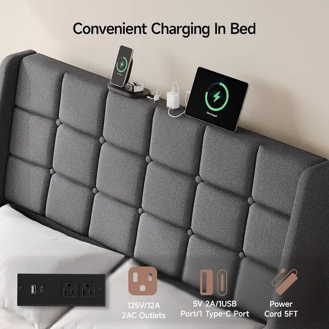 Alt view image 4 of 7 - Ergonomic Upholstered Full Size Headboard with Charging Station, Dark Grey
