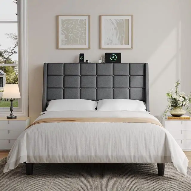 Alt view image 6 of 7 - Ergonomic Upholstered Full Size Headboard with Charging Station, Dark Grey