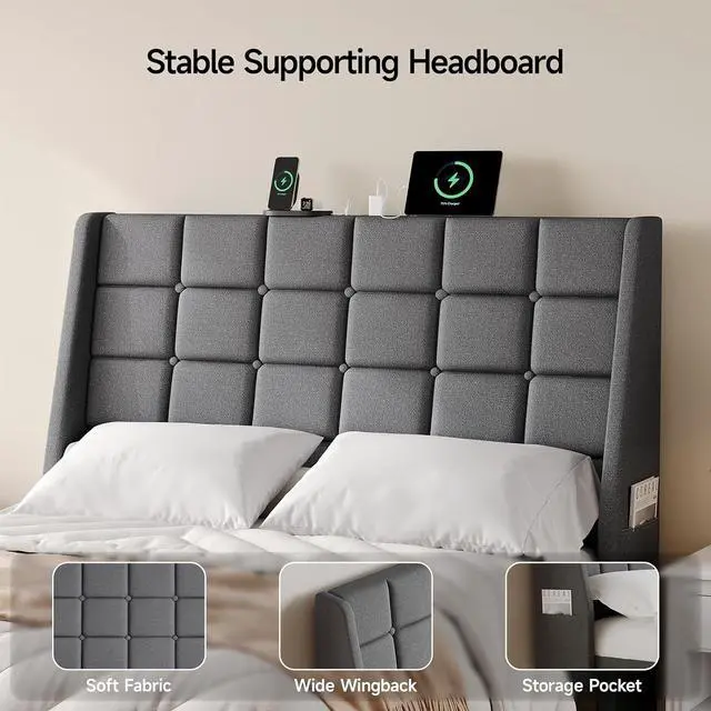 Alt view image 7 of 7 - Ergonomic Upholstered Full Size Headboard with Charging Station, Dark Grey