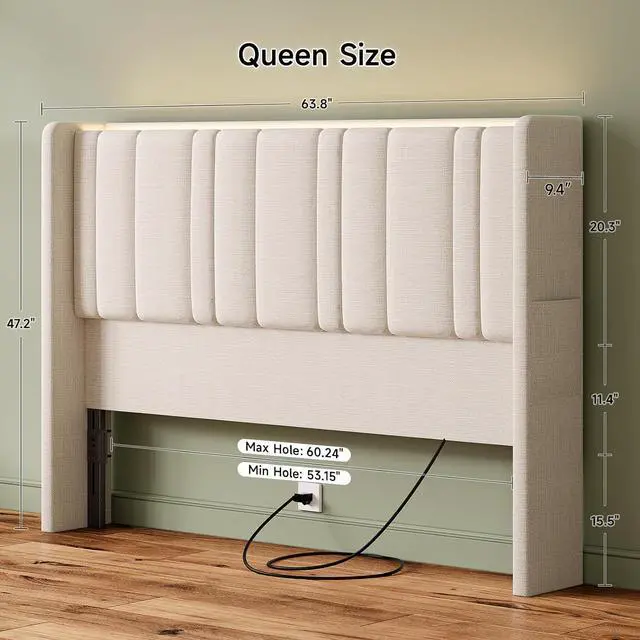 Alt view image 2 of 7 - Queen Headboard with Storage, Linen Vertical Wingback, Off White