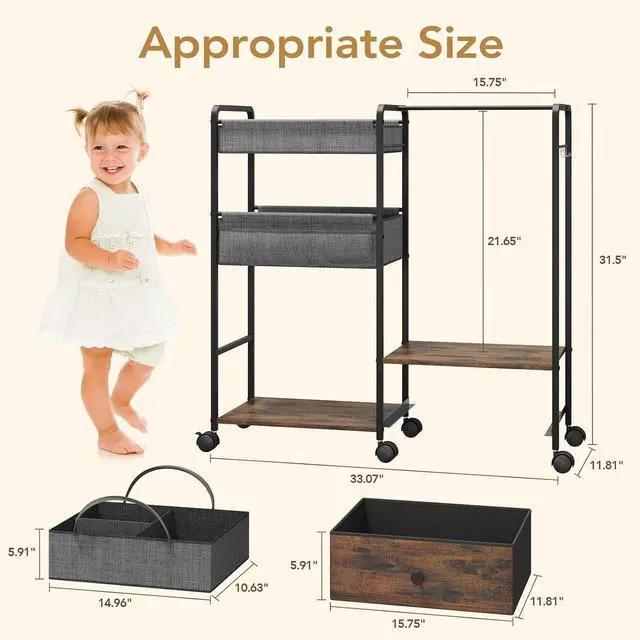 Alt view image 3 of 7 - Diaper Caddy Organizer, Baby Storage Cart with Kids Clothing Rack