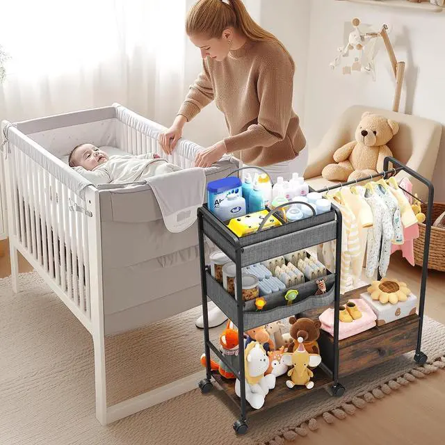 Alt view image 2 of 7 - Diaper Caddy Organizer, Baby Storage Cart with Kids Clothing Rack