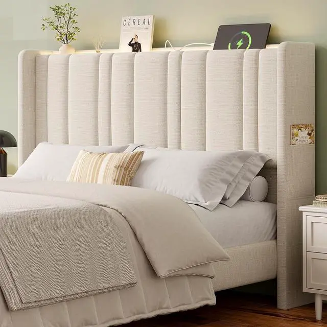 Main image of Queen Headboard with Storage, Linen Vertical Wingback, Off White