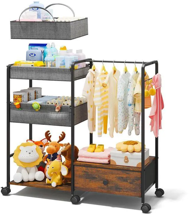 Main image of Diaper Caddy Organizer, Baby Storage Cart with Kids Clothing Rack