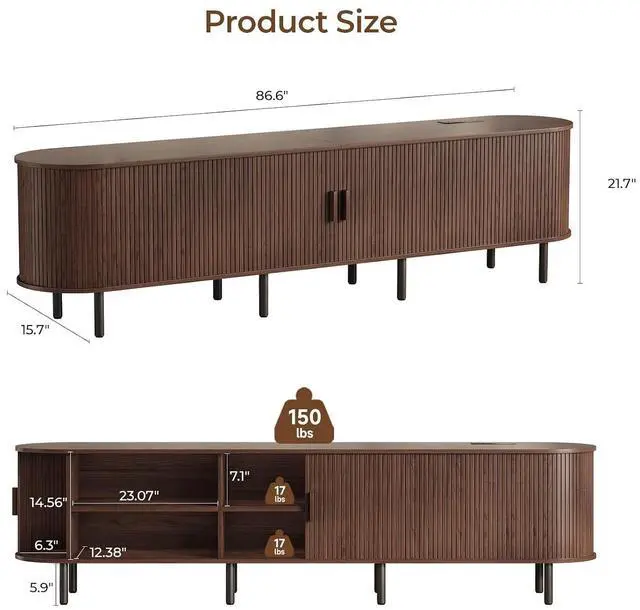 Alt view image 2 of 7 - 86.6" TV Stand with Storage & Outlets for TVs up to 95", Walnut