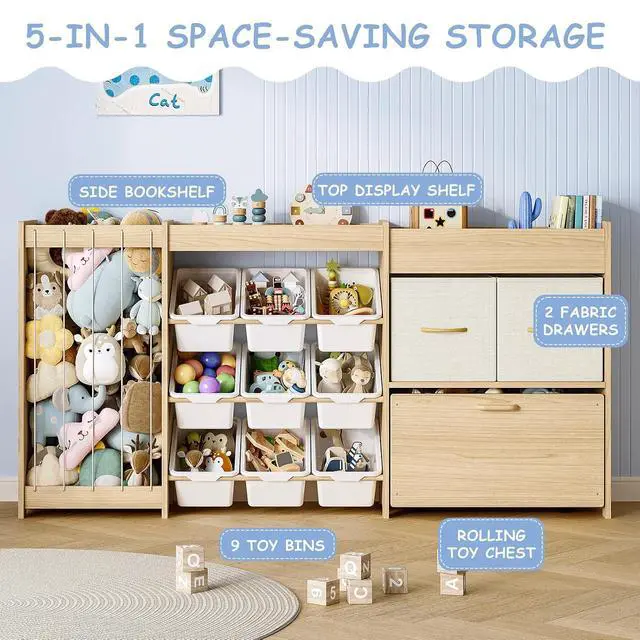 Alt view image 3 of 7 - 5-in-1 Toy Storage Organizer, Plush Holder, 9 Bins, Toy Chest