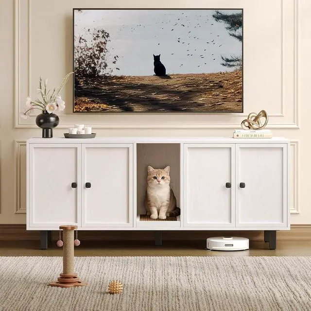 Alt view image 6 of 7 - 63 Inches Cat Litter Box Enclosure, Litter Box Furniture, White