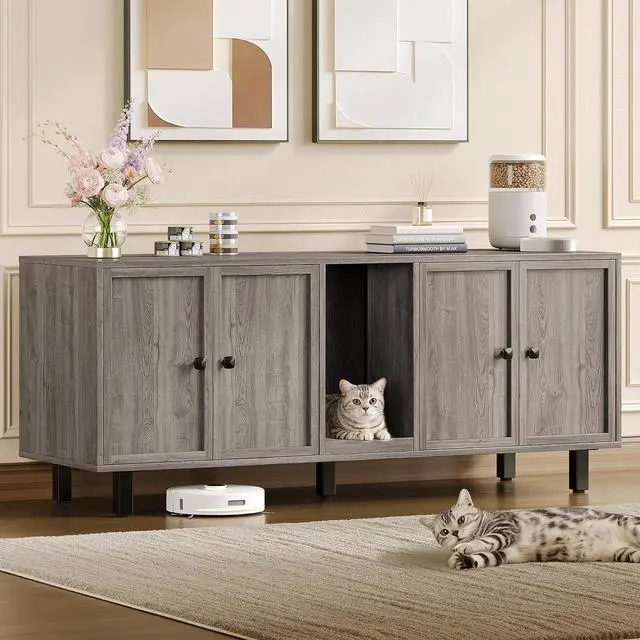 Main image of 59 Inches Cat Litter Box Enclosure, Litter Box Furniture, Grey