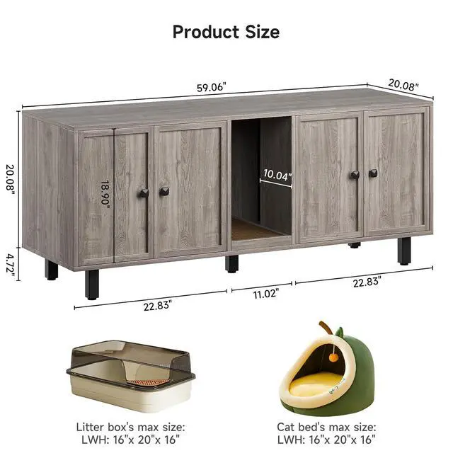 Alt view image 2 of 7 - 59 Inches Cat Litter Box Enclosure, Litter Box Furniture, Grey
