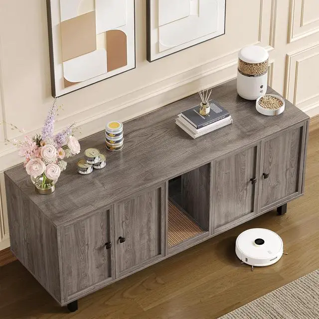 Alt view image 3 of 7 - 59 Inches Cat Litter Box Enclosure, Litter Box Furniture, Grey