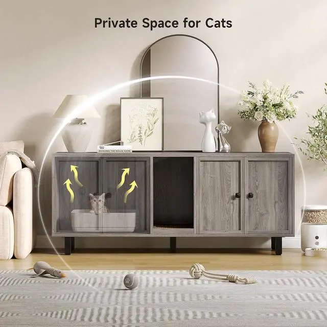 Alt view image 4 of 7 - 59 Inches Cat Litter Box Enclosure, Litter Box Furniture, Grey