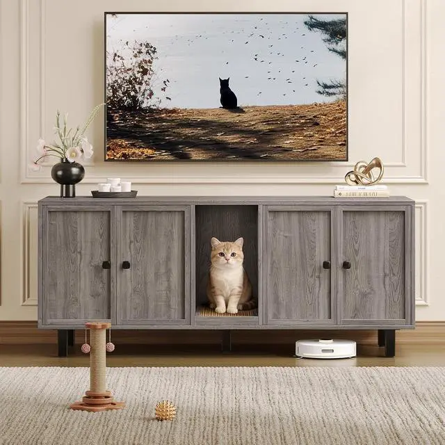 Alt view image 5 of 7 - 59 Inches Cat Litter Box Enclosure, Litter Box Furniture, Grey