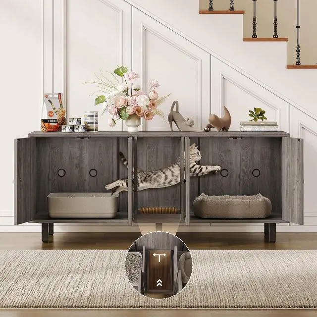 Alt view image 7 of 7 - 59 Inches Cat Litter Box Enclosure, Litter Box Furniture, Grey