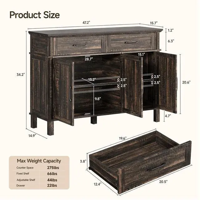 Alt view image 2 of 7 - 48 Inch Sideboard Buffet Cabinet with Storage, Rustic Brown