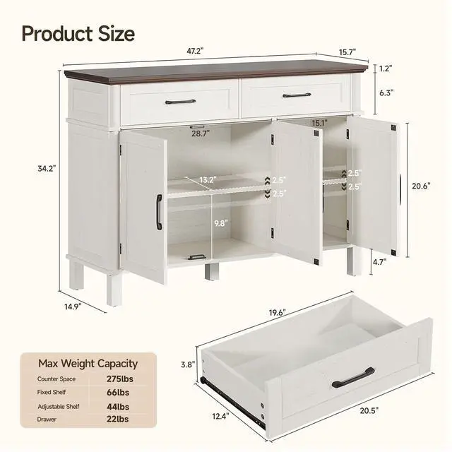 Alt view image 2 of 7 - 48 Inch Sideboard Buffet Cabinet with Storage, Off White