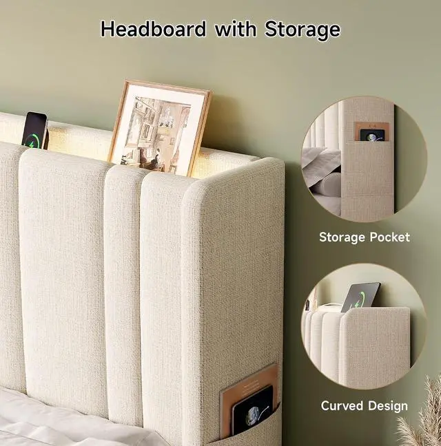 Alt view image 6 of 7 - Queen Headboard with Storage, Linen Vertical Wingback, Off White
