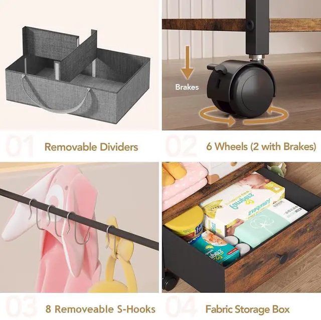 Alt view image 6 of 7 - Diaper Caddy Organizer, Baby Storage Cart with Kids Clothing Rack