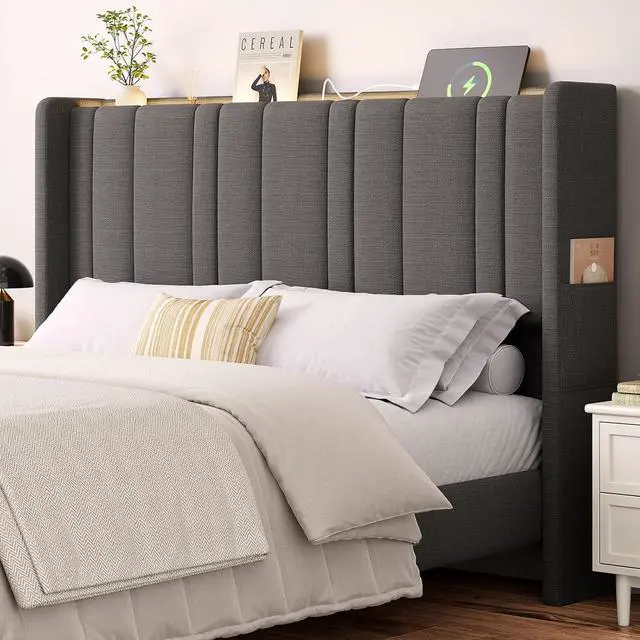 Main image of Queen Headboard with Storage, Linen Vertical Wingback, Dark Grey