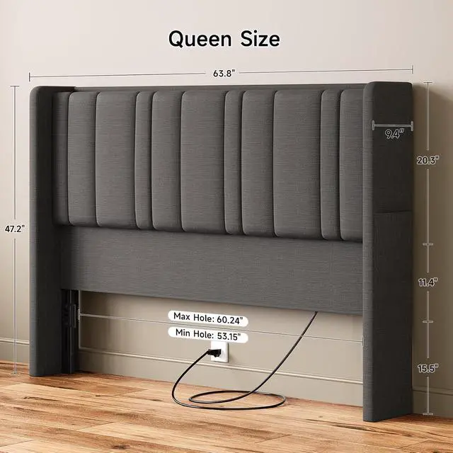 Alt view image 2 of 7 - Queen Headboard with Storage, Linen Vertical Wingback, Dark Grey