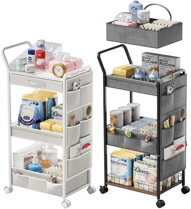 Main image of 3-Tier Diaper Caddy Cart Organizer - Rolling Baby Cart with Drawer, Side Pockets and Basket, Multi-Function Utility Cart for Nursery, Bedroom, Bathroom, Mobile Diaper Organizer for Baby