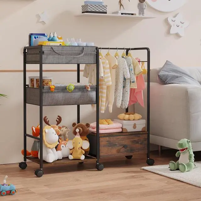 Alt view image 7 of 7 - Diaper Caddy Organizer, Baby Storage Cart with Kids Clothing Rack