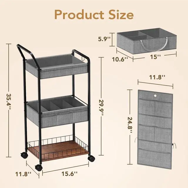 Alt view image 2 of 7 - 3-Tier Diaper Caddy Cart Organizer - Rolling Baby Cart with Drawer, Side Pockets and Basket, Multi-Function Utility Cart for Nursery, Bedroom, Bathroom, Mobile Diaper Organizer for Baby
