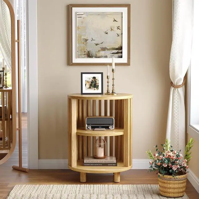 Alt view image 2 of 7 - Round End Table Set fo 2,Wood Side Tables for Living Room,Oak