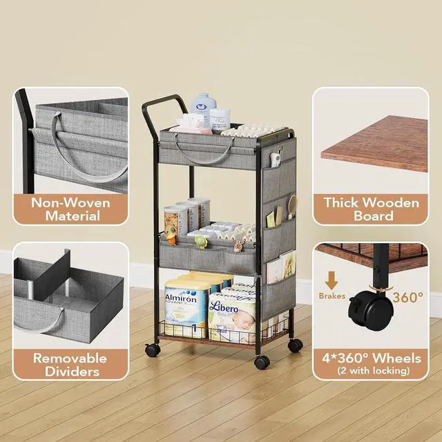 Alt view image 4 of 7 - 3-Tier Diaper Caddy Cart Organizer - Rolling Baby Cart with Drawer, Side Pockets and Basket, Multi-Function Utility Cart for Nursery, Bedroom, Bathroom, Mobile Diaper Organizer for Baby