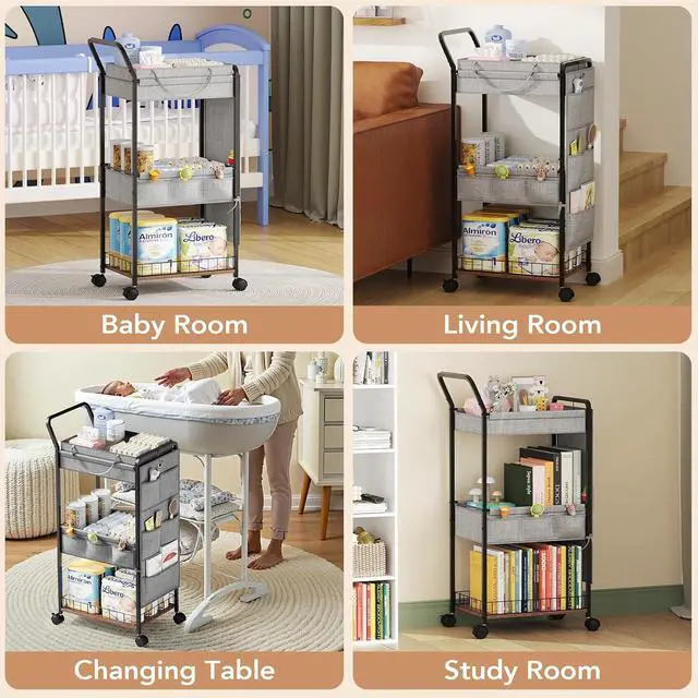 Alt view image 6 of 7 - 3-Tier Diaper Caddy Cart Organizer - Rolling Baby Cart with Drawer, Side Pockets and Basket, Multi-Function Utility Cart for Nursery, Bedroom, Bathroom, Mobile Diaper Organizer for Baby