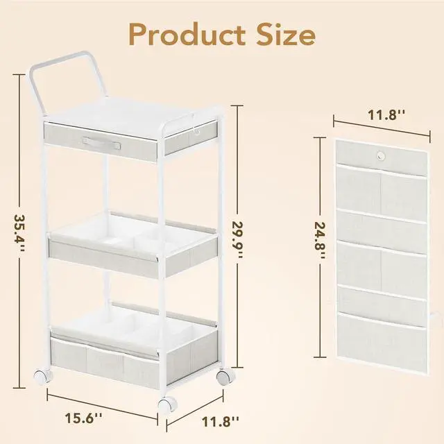 Alt view image 3 of 7 - 3-Tier Diaper Caddy Cart Organizer - Rolling Baby Cart with Drawer, Side Pockets and Basket, Multi-Function Utility Cart for Nursery, Bedroom, Bathroom, Mobile Diaper Organizer for Baby