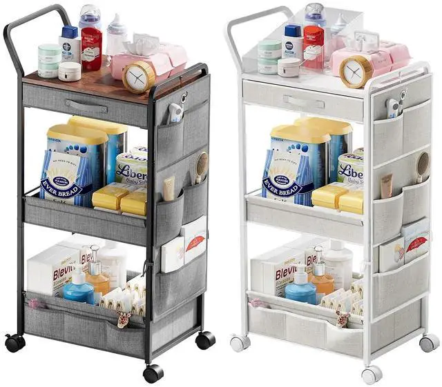 Main image of 3-Tier Diaper Caddy Organizer - Rolling Utility Baby Cart with Drawer and Side Pockets for Nursery and Baby Essentials, Multi-Function Cart for Bedroom and Bathroom