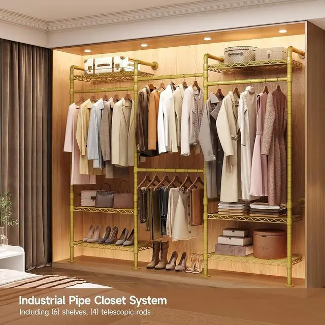 Alt view image 2 of 7 - 3-Bay Industrial Pipe Closet System, Wall Mounted Garment Racks, Gold
