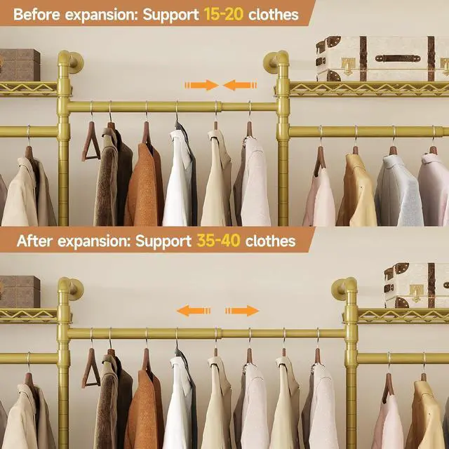 Alt view image 5 of 7 - 3-Bay Industrial Pipe Closet System, Wall Mounted Garment Racks, Gold