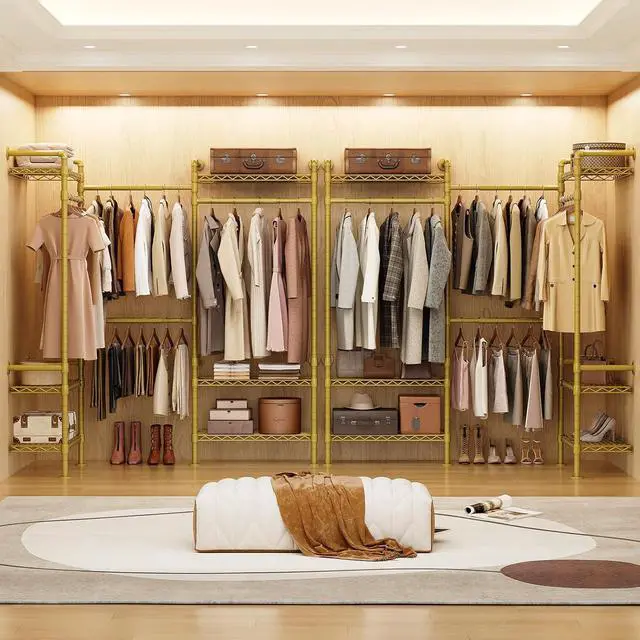 Alt view image 3 of 7 - 3-Bay Industrial Pipe Closet System, Wall Mounted Garment Racks, Gold