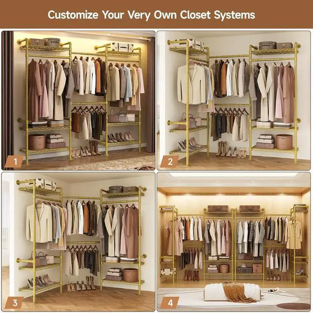 Alt view image 4 of 7 - 3-Bay Industrial Pipe Closet System, Wall Mounted Garment Racks, Gold