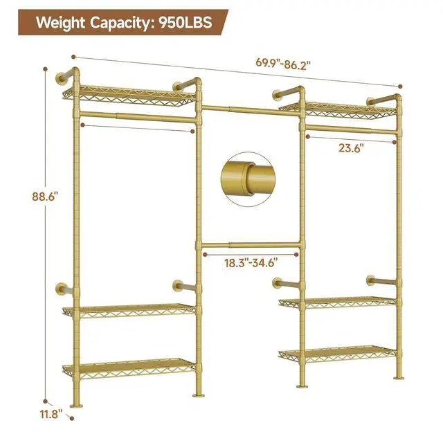 Alt view image 6 of 7 - 3-Bay Industrial Pipe Closet System, Wall Mounted Garment Racks, Gold