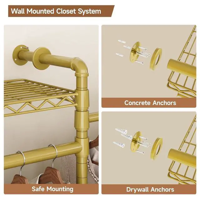 Alt view image 7 of 7 - 3-Bay Industrial Pipe Closet System, Wall Mounted Garment Racks, Gold