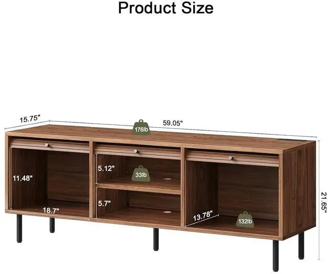 Alt view image 2 of 7 - 59 Inch TV Stand with Power Outlet for TVs up to 65 Inch, Entertainment Center with Storage, Mid-Century Modern TV Console, Adjustable Shelf & Sliding Doors, TV Stand for Living Room, Bedroom, Walnut