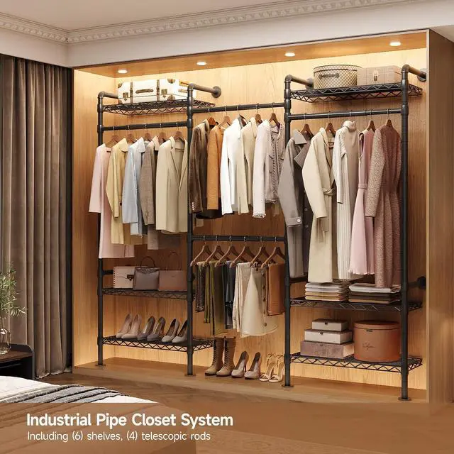 Alt view image 2 of 7 - 3-Bay Industrial Pipe Closet System, Wall Mounted Garment Racks, Black