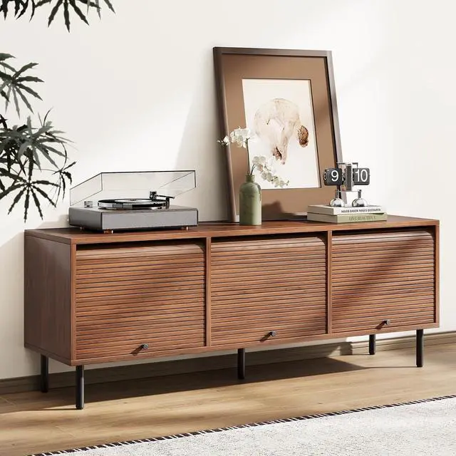 Main image of 59 Inch TV Stand with Power Outlet for TVs up to 65 Inch, Entertainment Center with Storage, Mid-Century Modern TV Console, Adjustable Shelf & Sliding Doors, TV Stand for Living Room, Bedroom, Walnut