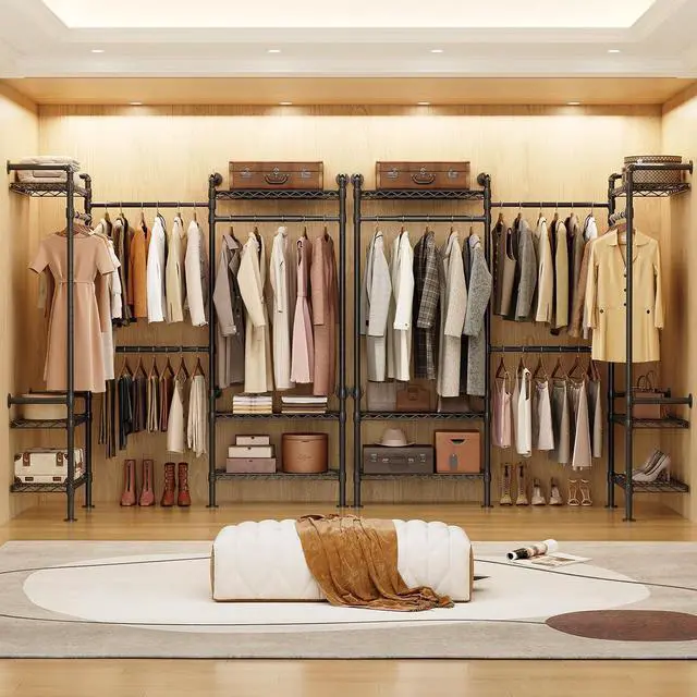Alt view image 3 of 7 - 3-Bay Industrial Pipe Closet System, Wall Mounted Garment Racks, Black