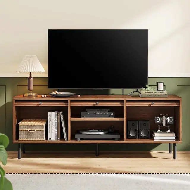 Alt view image 3 of 7 - 59 Inch TV Stand with Power Outlet for TVs up to 65 Inch, Entertainment Center with Storage, Mid-Century Modern TV Console, Adjustable Shelf & Sliding Doors, TV Stand for Living Room, Bedroom, Walnut