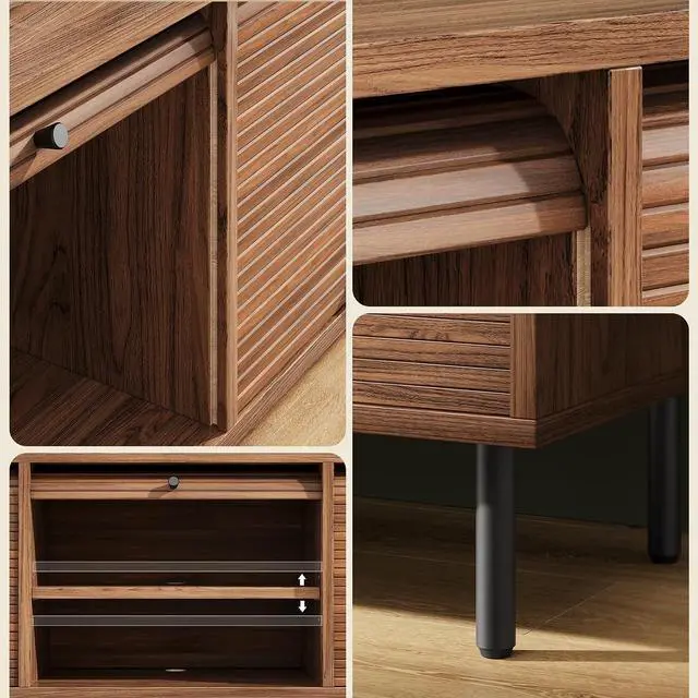 Alt view image 5 of 7 - 59 Inch TV Stand with Power Outlet for TVs up to 65 Inch, Entertainment Center with Storage, Mid-Century Modern TV Console, Adjustable Shelf & Sliding Doors, TV Stand for Living Room, Bedroom, Walnut
