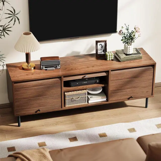 Alt view image 6 of 7 - 59 Inch TV Stand with Power Outlet for TVs up to 65 Inch, Entertainment Center with Storage, Mid-Century Modern TV Console, Adjustable Shelf & Sliding Doors, TV Stand for Living Room, Bedroom, Walnut
