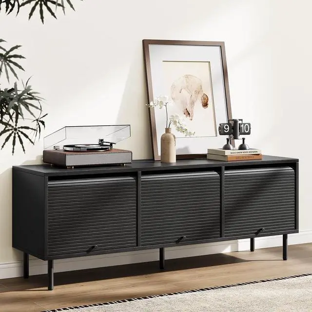 Main image of 59 Inch TV Stand with Power Outlet for TVs up to 65 Inch, Entertainment Center with Storage, Mid-Century Modern TV Console, Adjustable Shelf & Sliding Doors, TV Stand for Living Room, Bedroom, Black
