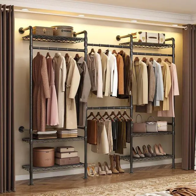 Main image of 3-Bay Industrial Pipe Closet System, Wall Mounted Garment Racks, Black
