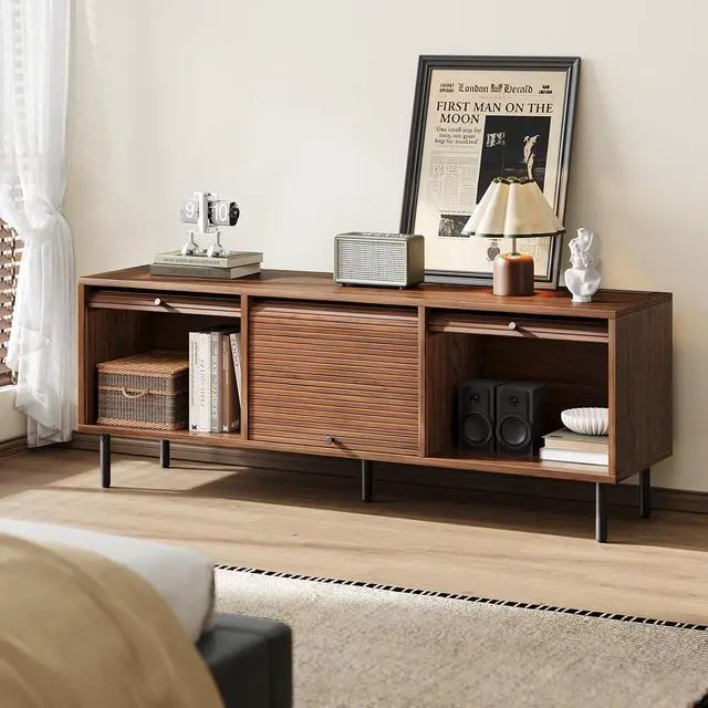 Alt view image 7 of 7 - 59 Inch TV Stand with Power Outlet for TVs up to 65 Inch, Entertainment Center with Storage, Mid-Century Modern TV Console, Adjustable Shelf & Sliding Doors, TV Stand for Living Room, Bedroom, Walnut