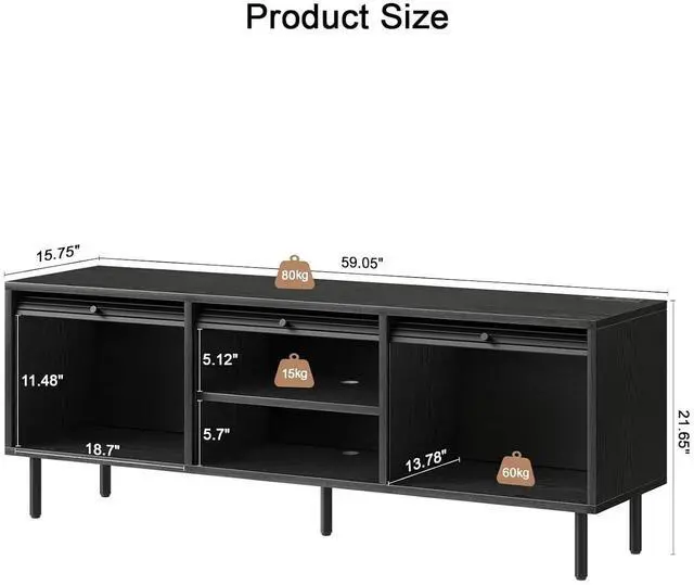 Alt view image 2 of 7 - 59 Inch TV Stand with Power Outlet for TVs up to 65 Inch, Entertainment Center with Storage, Mid-Century Modern TV Console, Adjustable Shelf & Sliding Doors, TV Stand for Living Room, Bedroom, Black