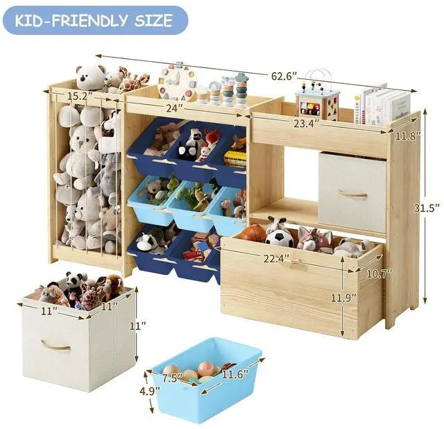 Alt view image 2 of 7 - 5-in-1 Toy Organizer, Plush Holder, 9 Blue Bins, Toy Chest
